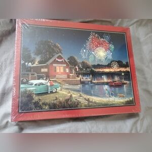 Fireworks Harbor Scene Framed Art Print - Red Trim